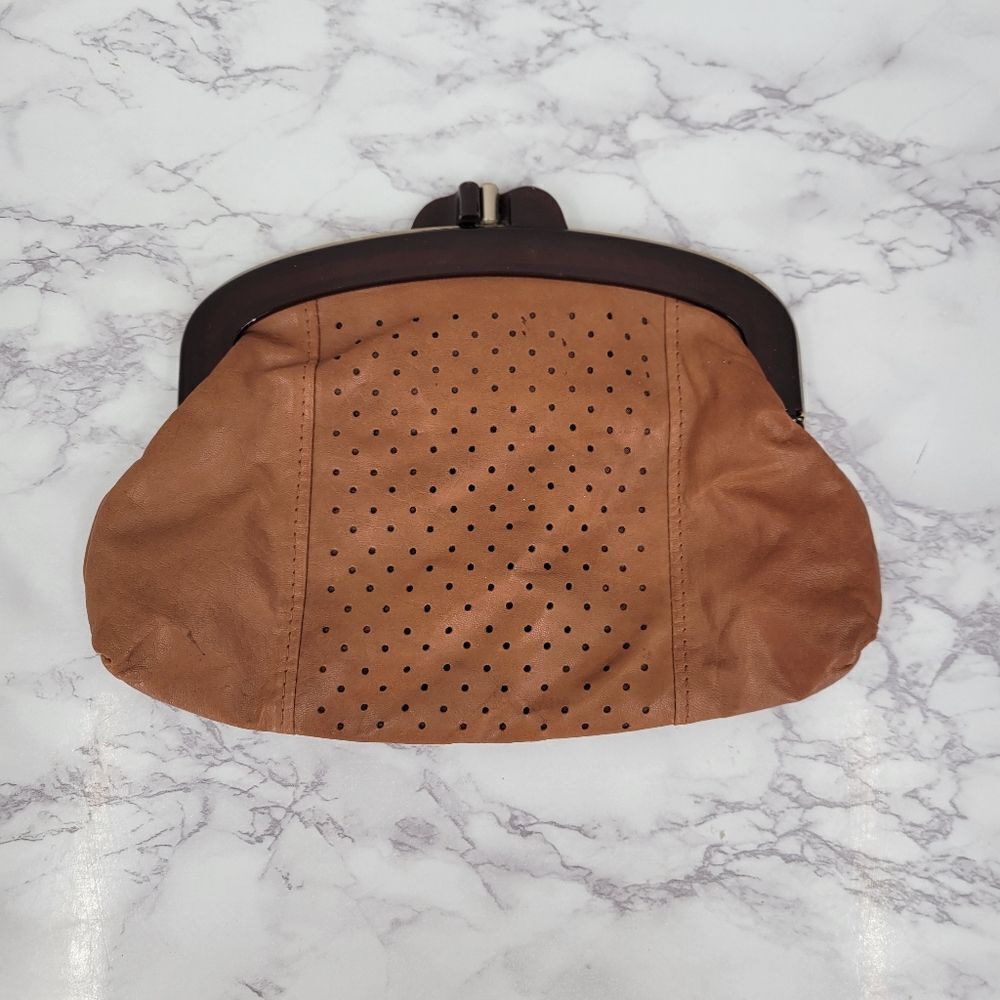 John Wind 70s Vintage Brown Perforated Leather Clutch Framed Kisslock Kiss Lock